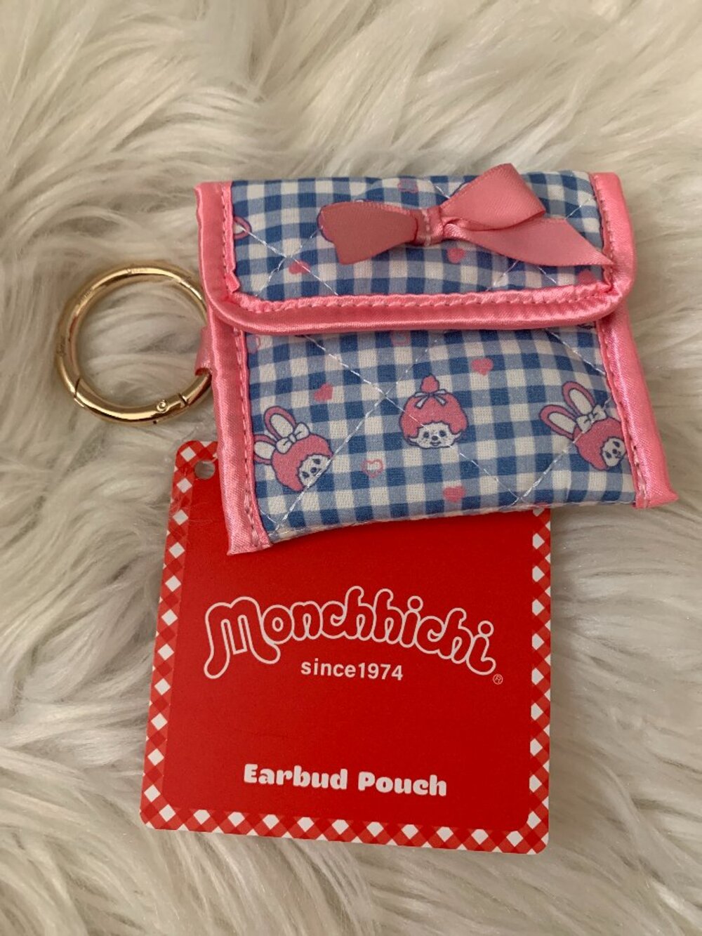 SONIX X Monchhichi Gingham Quilted Earbud Case Coin Keychain in Pink/Blue